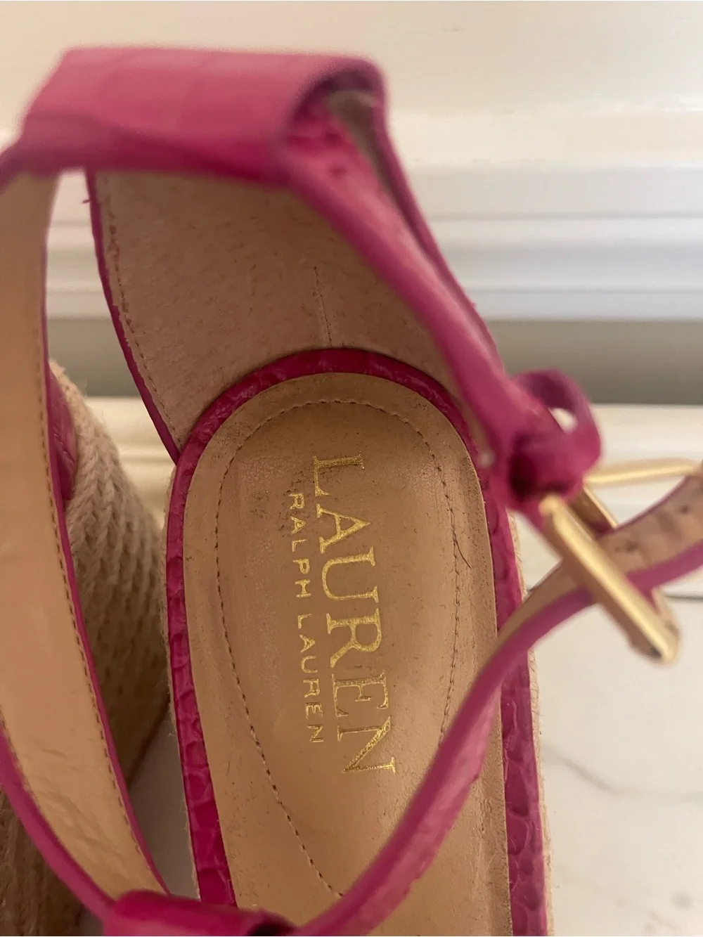 Ralph Lauren Hot Pink Croc-Embossed Espadrille Wedge Sandals with Gold RL Logo